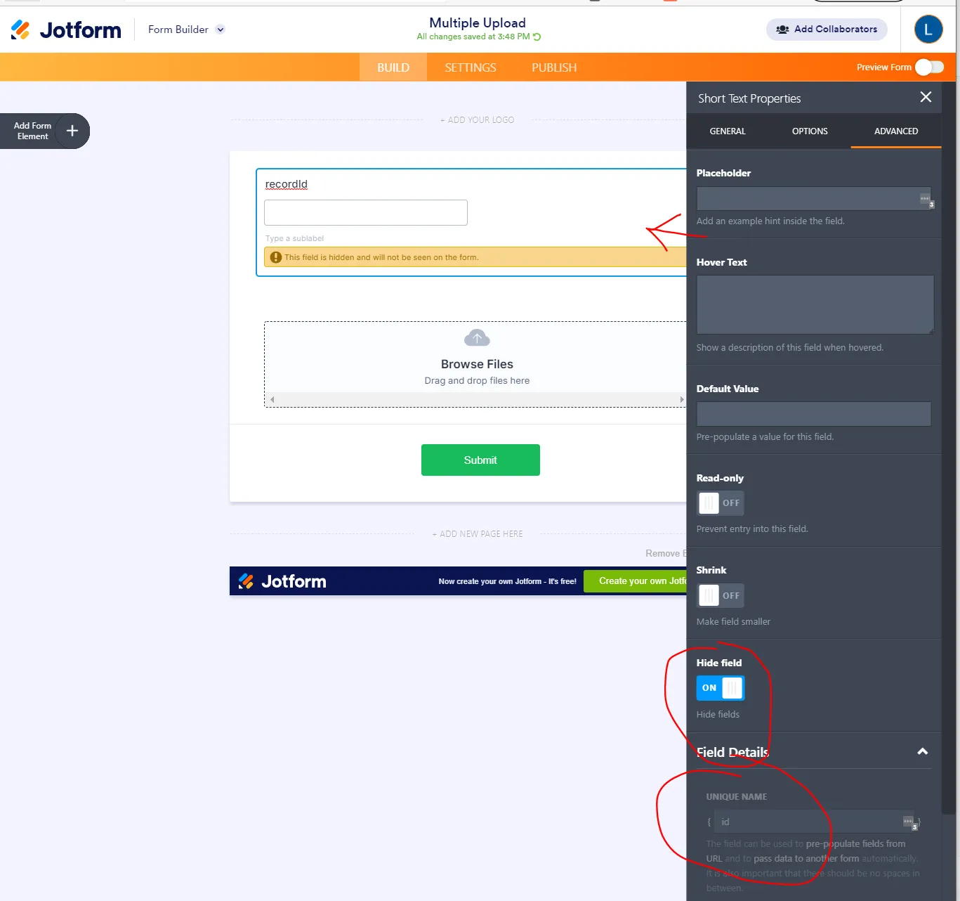 Jotform hidden field set-up