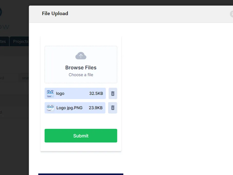A multiple-file upload form embedded inside a Knack app