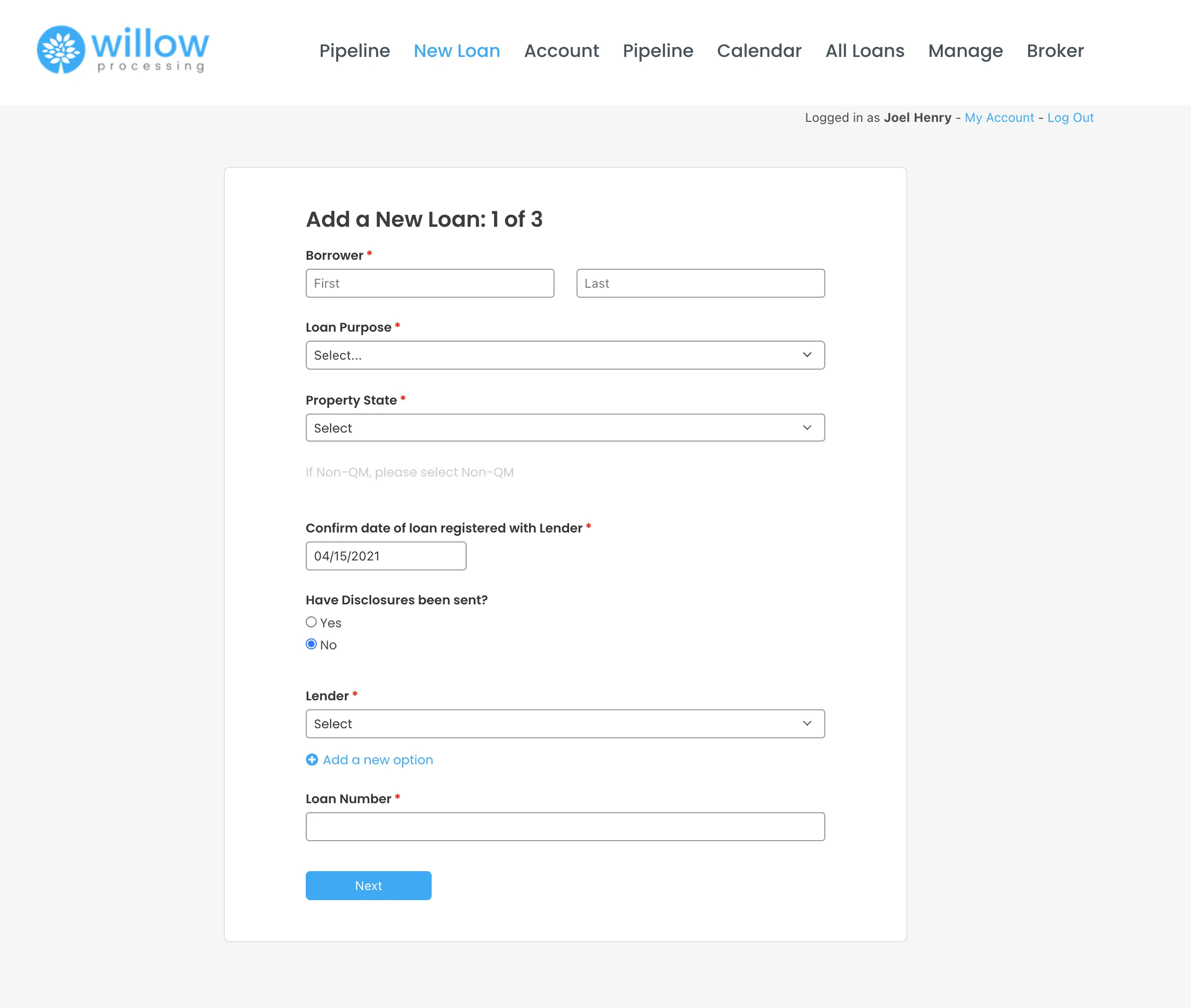 The custom "Add a New Loan" intake form in the Knack app
