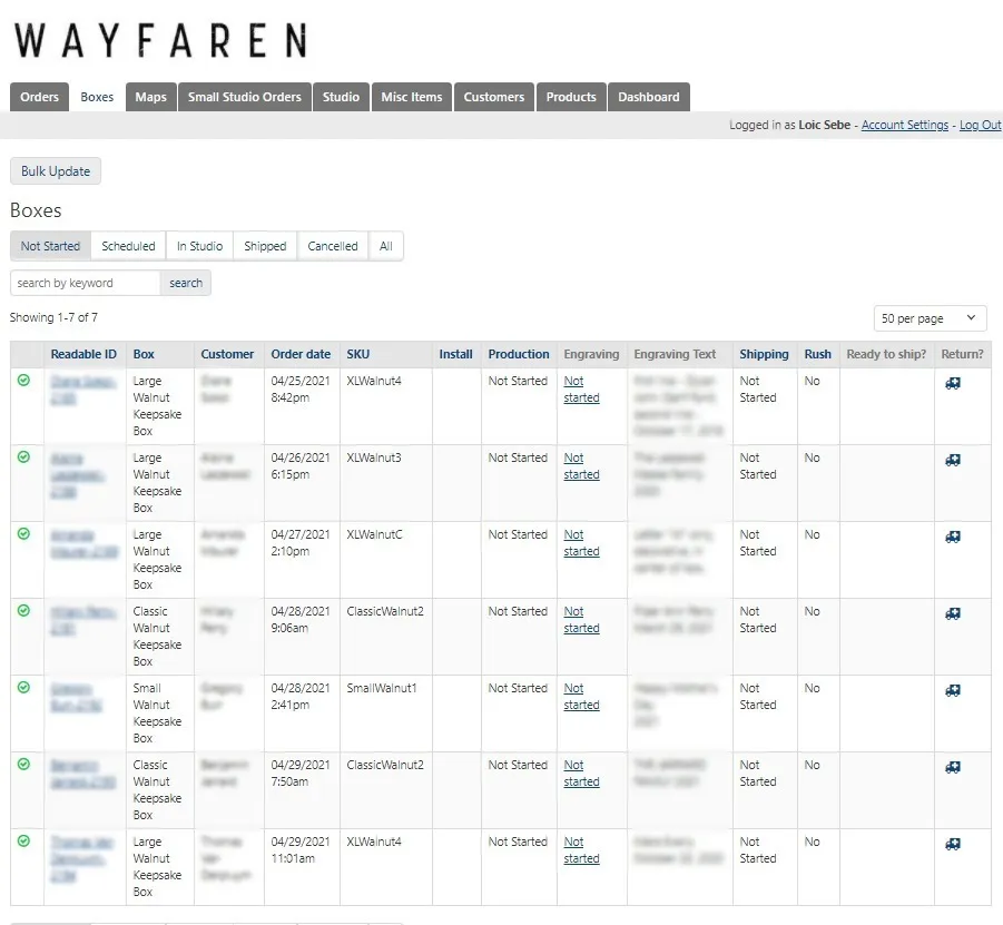 The Wayfaren orders table in the custom Knack app, filtered by production status