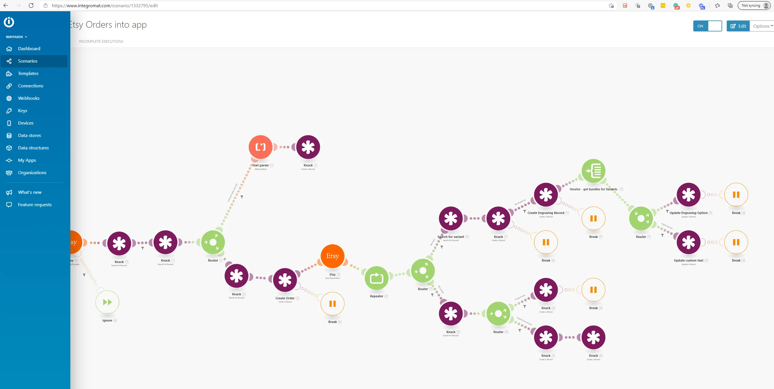 A Make scenario built in the Integromat/Make editor for Willow's process