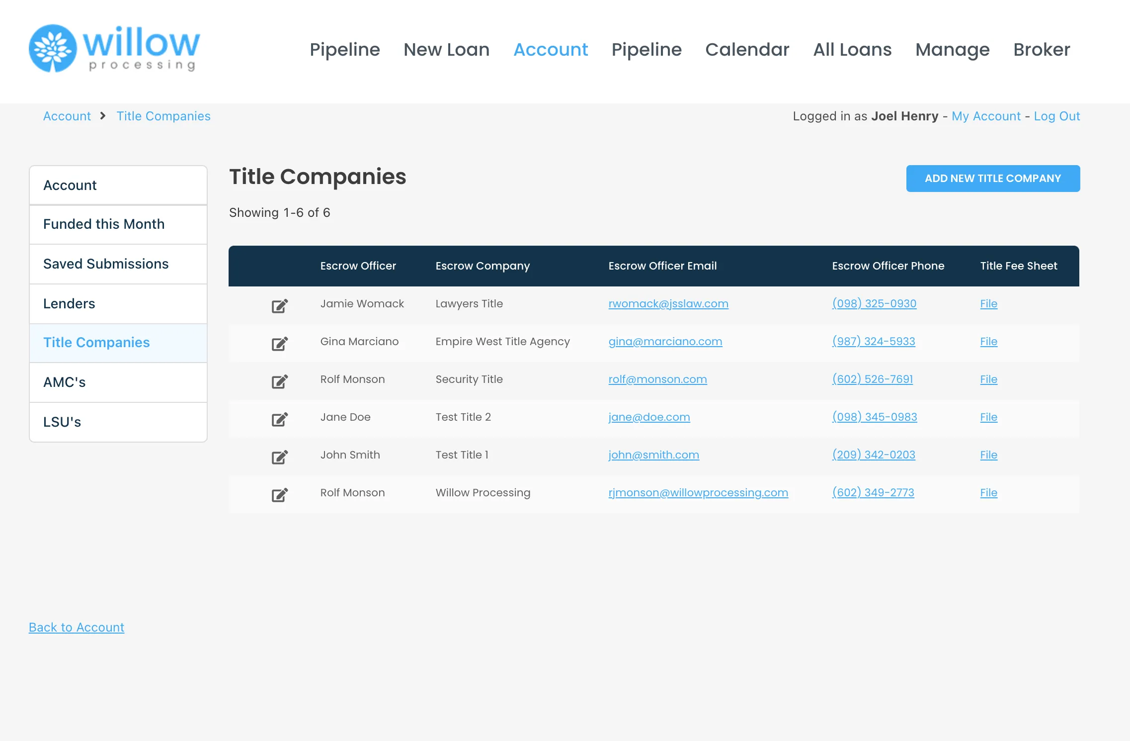 A related-records view listing title companies and escrow officer contacts