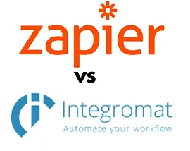 A graphic comparing Zapier and Make, formerly Integromat